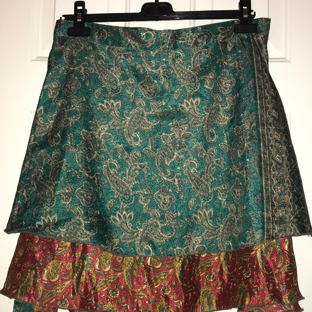 Sari wrap skirt,reversible, Red/green/gold